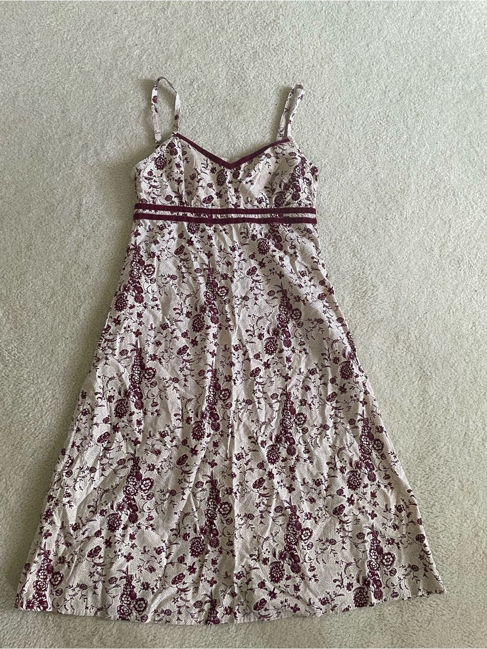 Cream and Burgundy Floral Lace-Trim Slip Dress